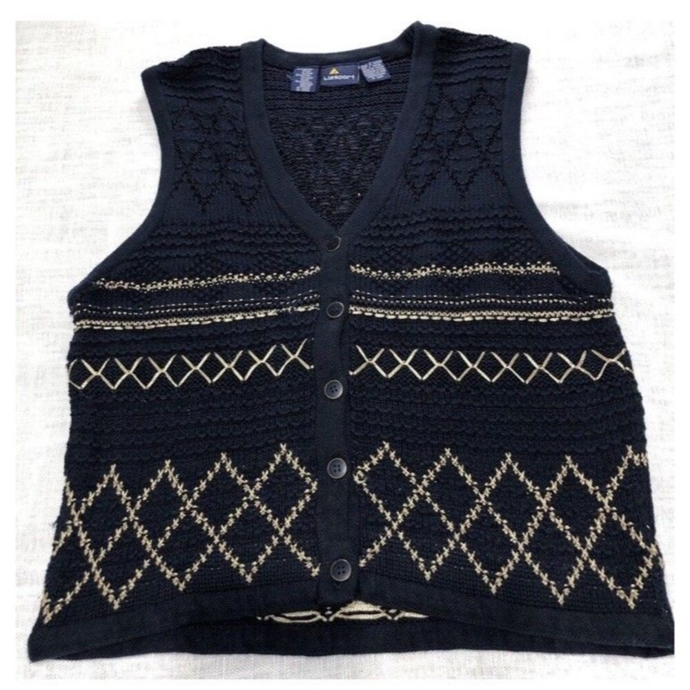 VTG Liz Sport Sweater Vest Womens L Fits M Blue Crochet Knit Grandmacore 90s